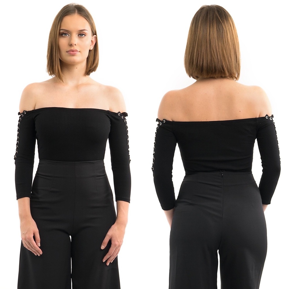 Black Off The Shoulder Lace Up Sleeve Bodysuit